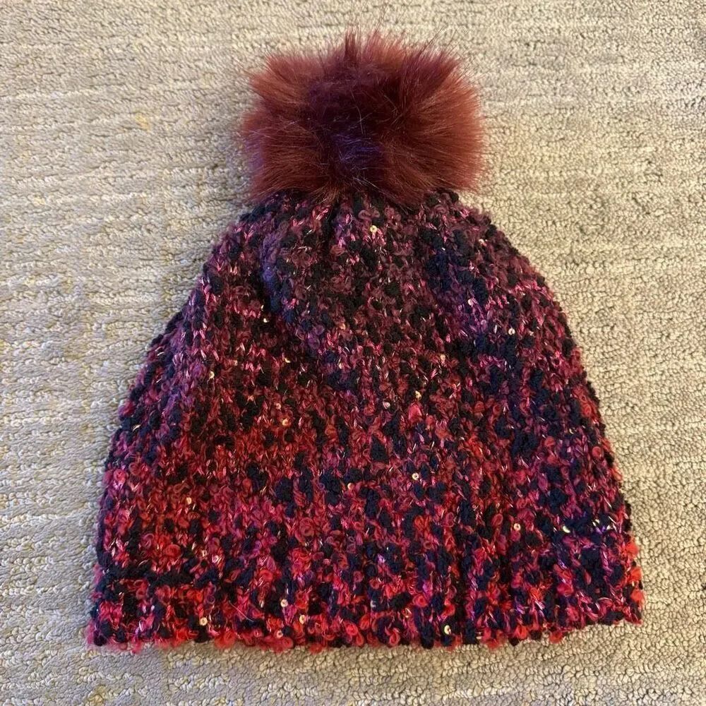Express Women's Maroon Red Black Sparkle Knit Pom Faux Fur Beanie